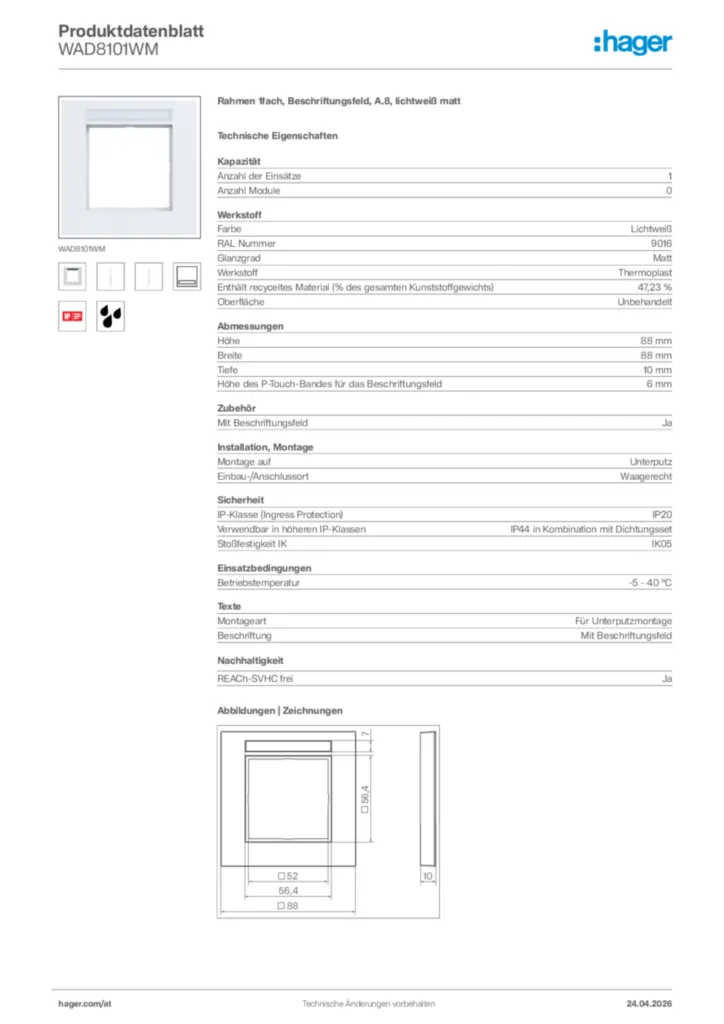 Bild Hager Produktdatenblatt WAD8101WM | Hager Deutschland