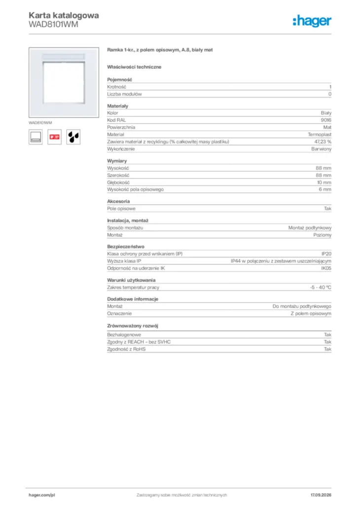Zdjęcie Hager Karta katalogowa WAD8101WM | Hager Polska