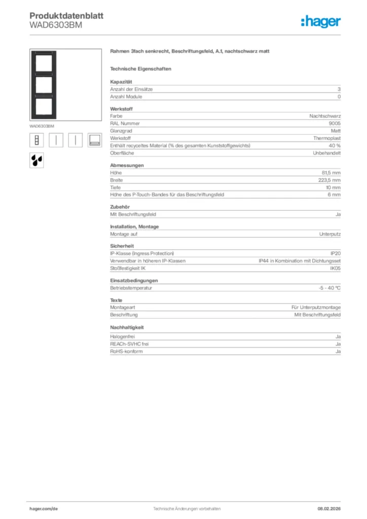 Bild Hager Produktdatenblatt WAD6303BM | Hager Deutschland