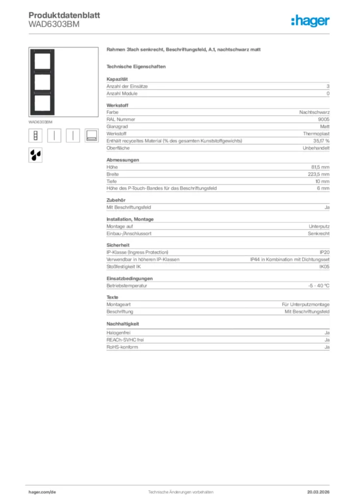 Bild Hager Produktdatenblatt WAD6303BM | Hager Deutschland