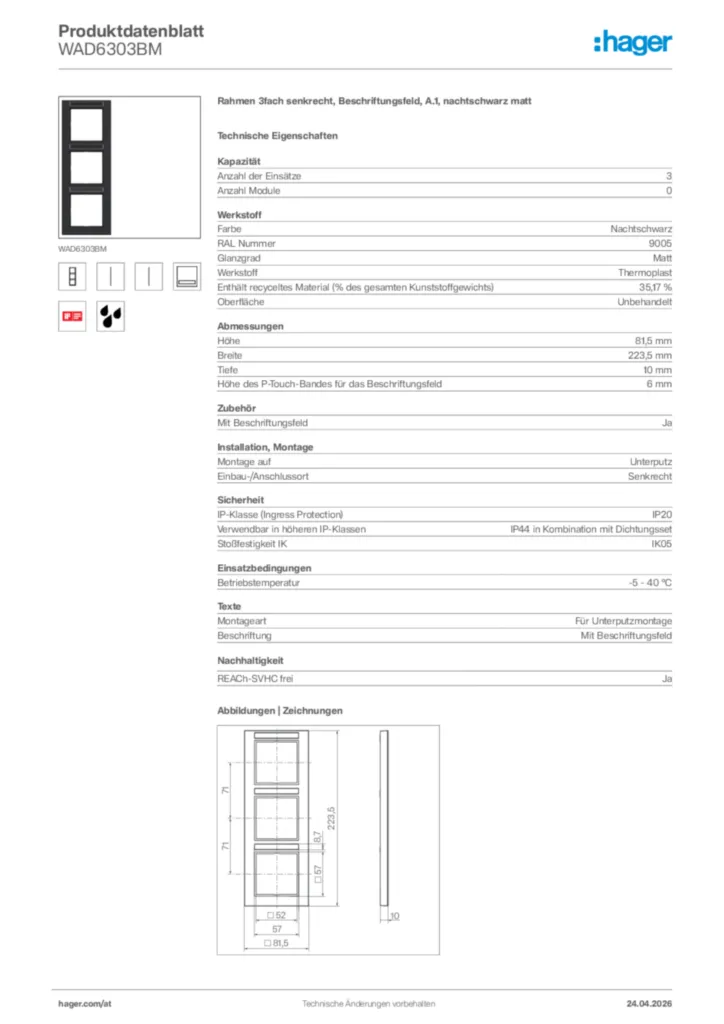 Bild Hager Produktdatenblatt WAD6303BM | Hager Deutschland