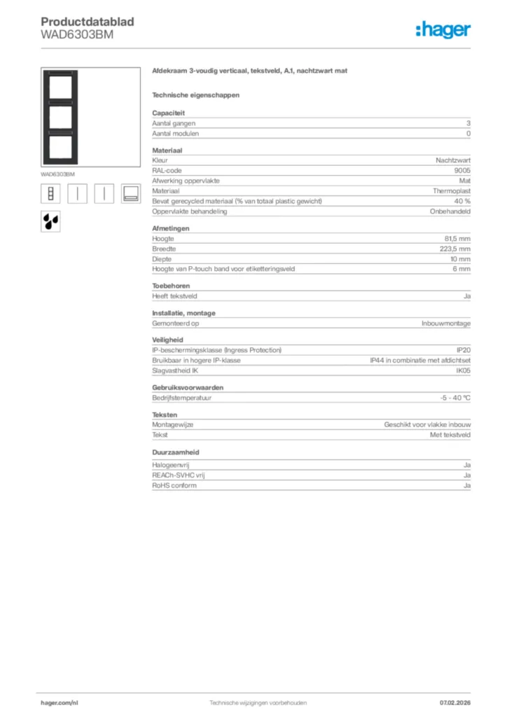 Afbeelding Hager Productdatablad WAD6303BM | Hager Nederland
