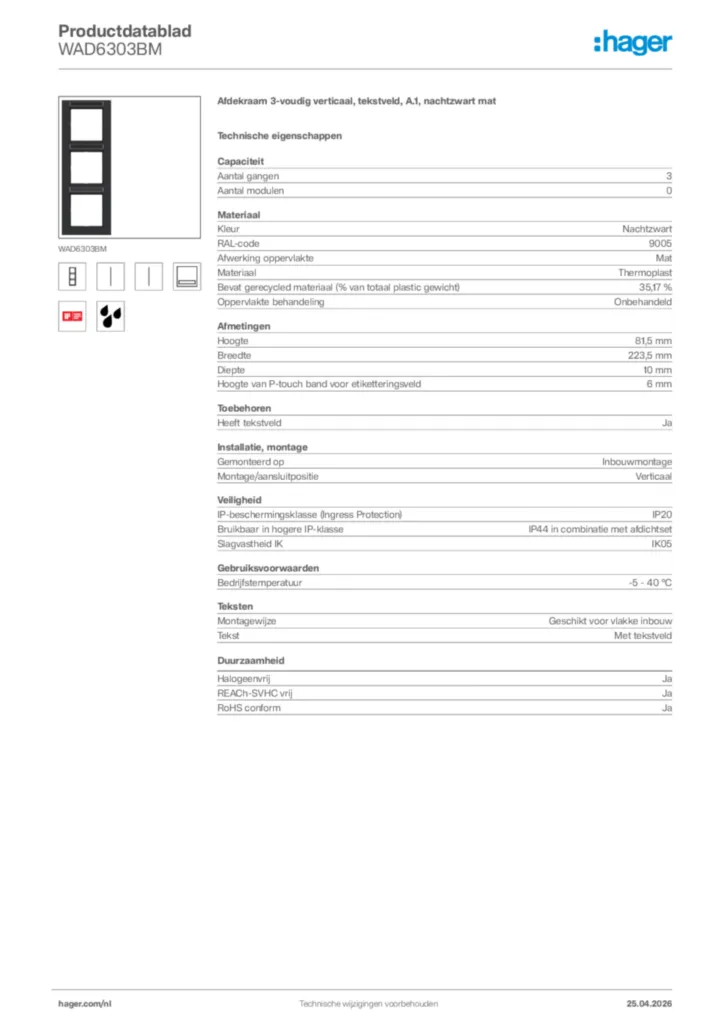 Afbeelding Hager Productdatablad WAD6303BM | Hager Nederland