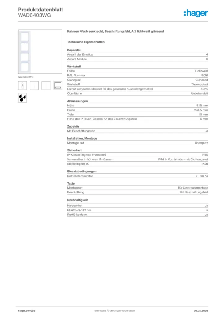 Bild Hager Produktdatenblatt WAD6403WG | Hager Deutschland