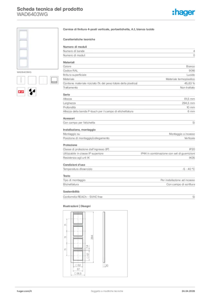 Immagine Hager Scheda tecnica del prodotto WAD6403WG | Hager Italia