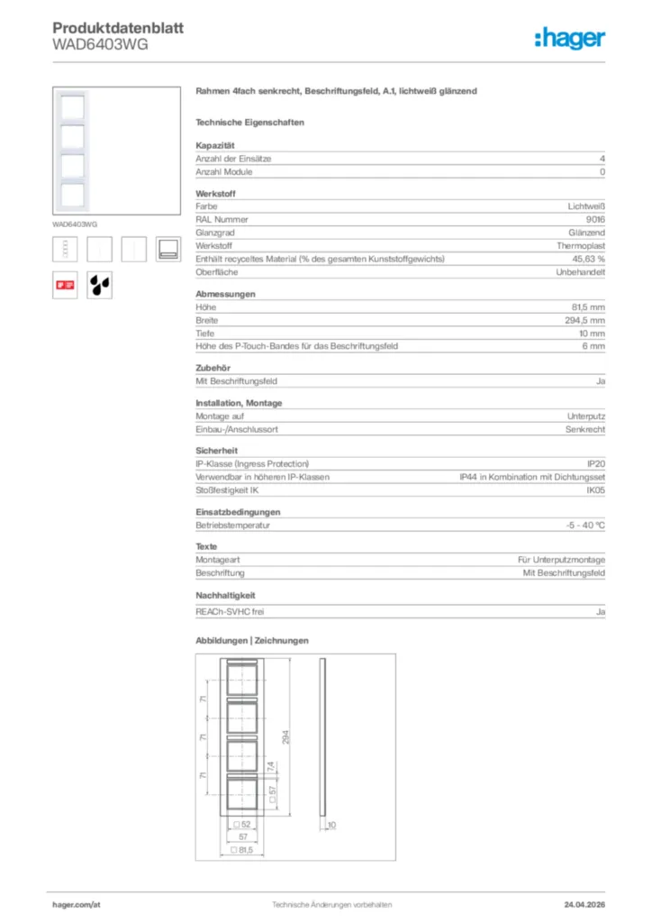 Bild Hager Produktdatenblatt WAD6403WG | Hager Deutschland
