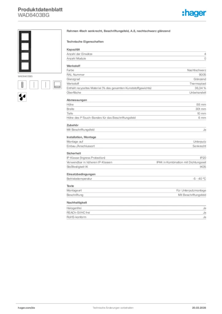 Bild Hager Produktdatenblatt WAD8403BG | Hager Deutschland