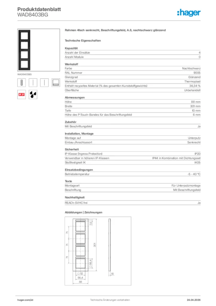Bild Hager Produktdatenblatt WAD8403BG | Hager Deutschland