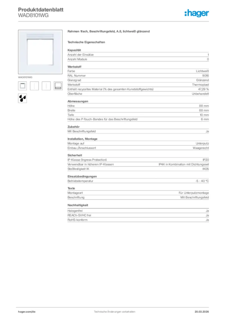 Bild Hager Produktdatenblatt WAD8101WG | Hager Deutschland