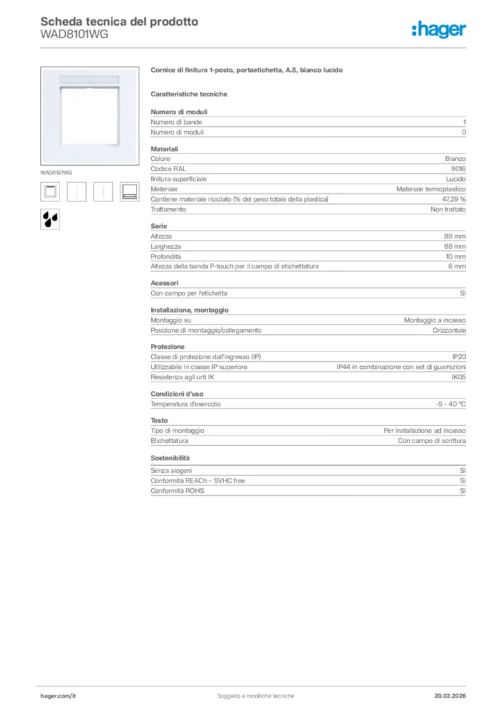 Immagine Hager Scheda tecnica del prodotto WAD8101WG | Hager Italia