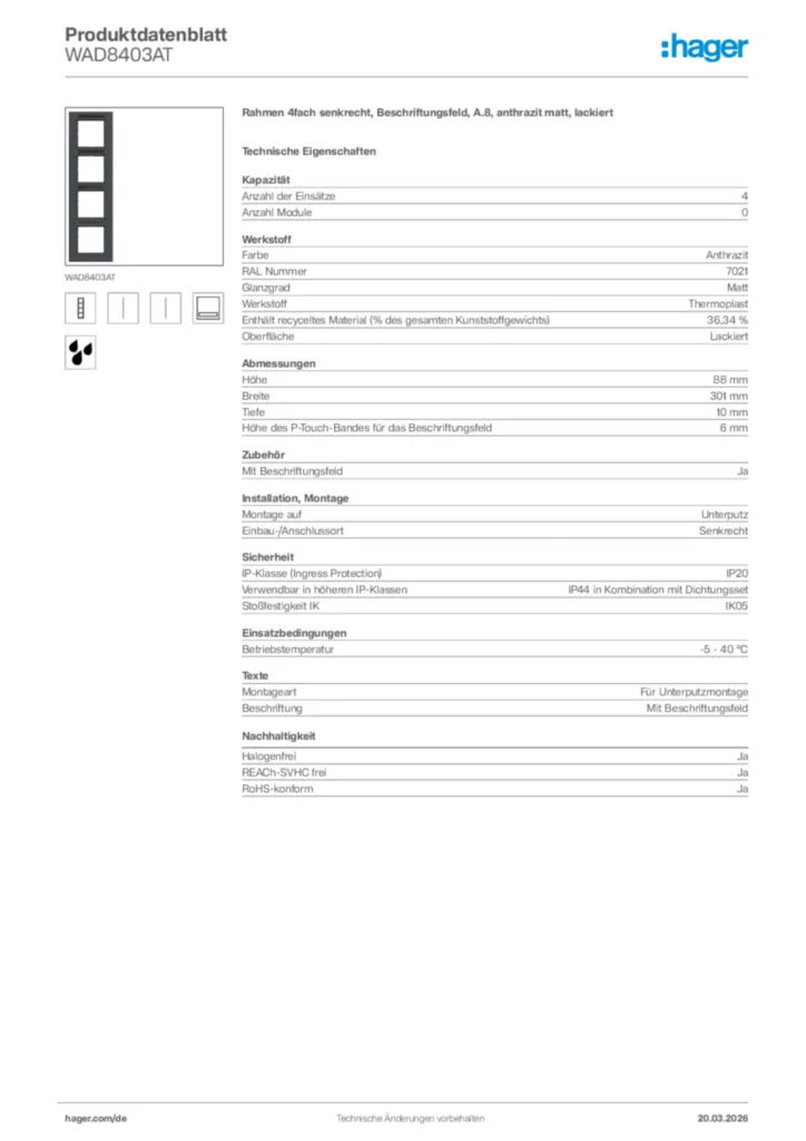 Bild Hager Produktdatenblatt WAD8403AT | Hager Deutschland