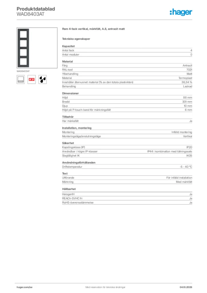 Bild Hager Produktdatablad WAD8403AT | Hager Sverige