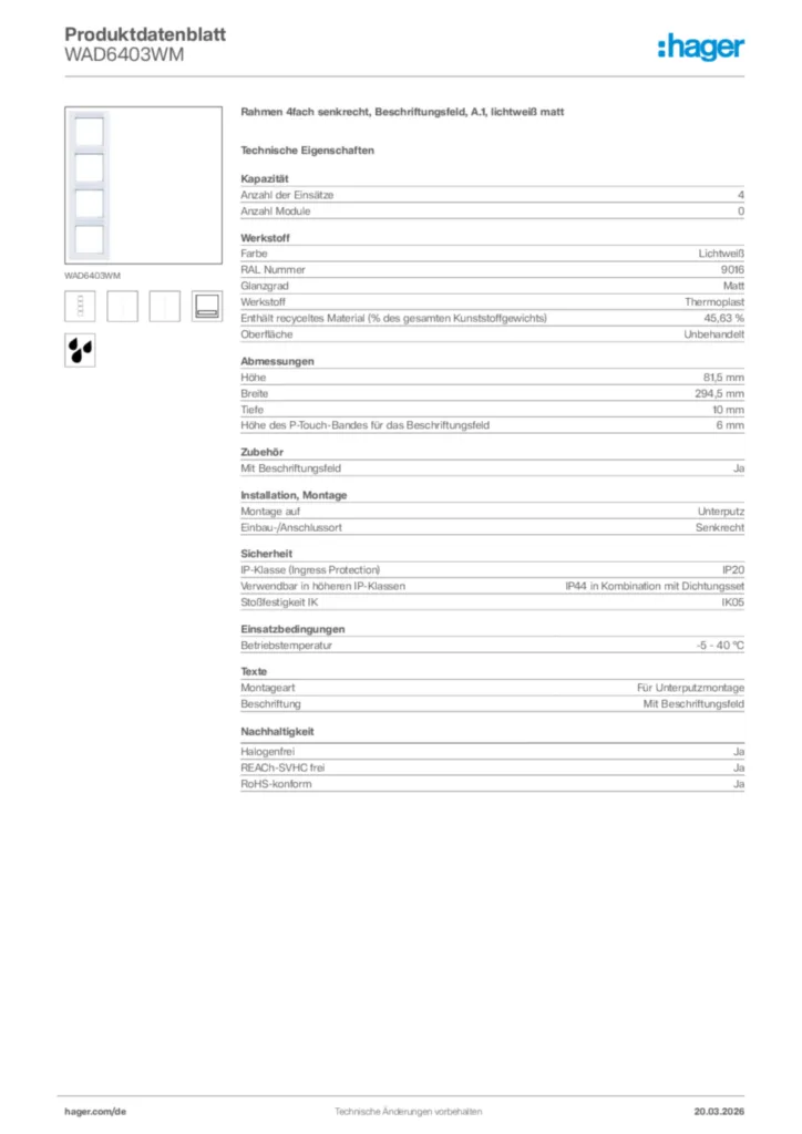 Bild Hager Produktdatenblatt WAD6403WM | Hager Deutschland