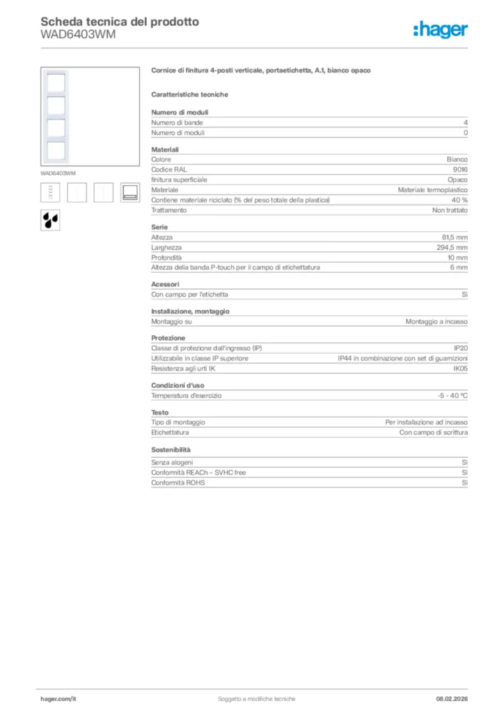 Immagine Hager Scheda tecnica del prodotto WAD6403WM | Hager Italia
