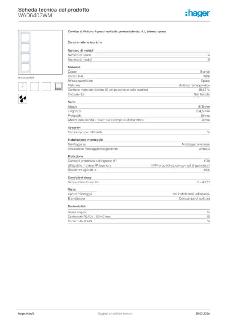 Immagine Hager Scheda tecnica del prodotto WAD6403WM | Hager Italia