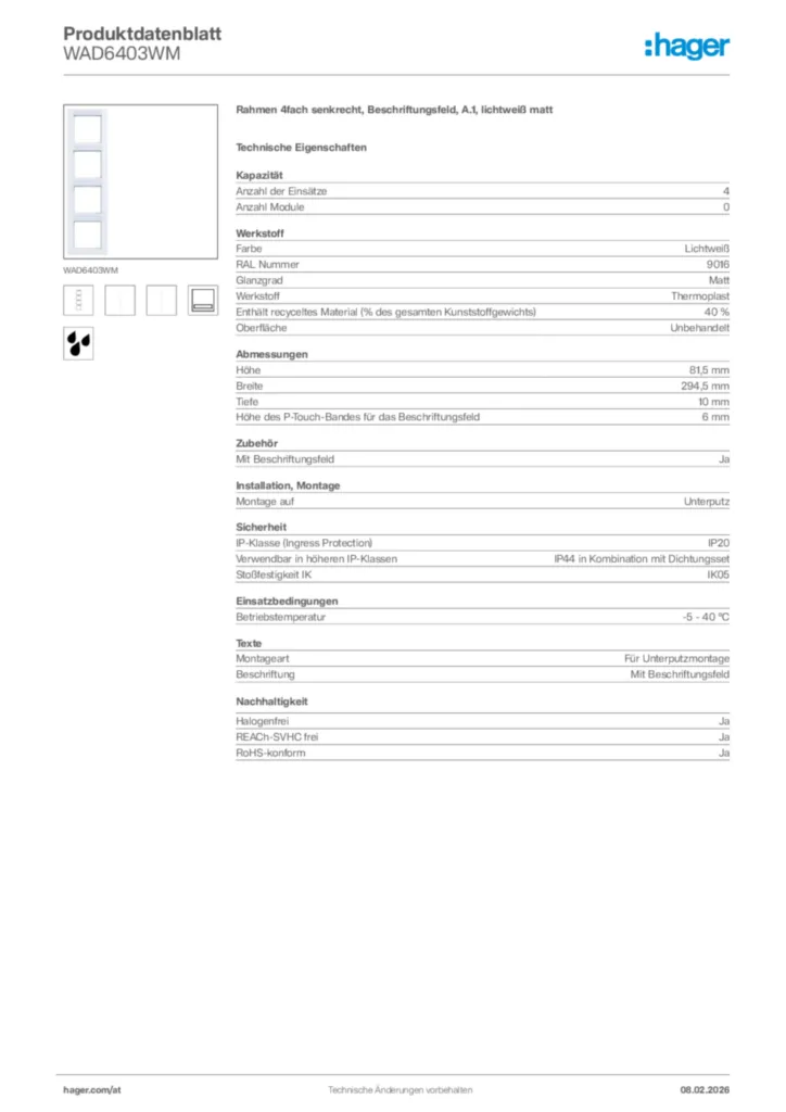 Bild Hager Produktdatenblatt WAD6403WM | Hager Deutschland