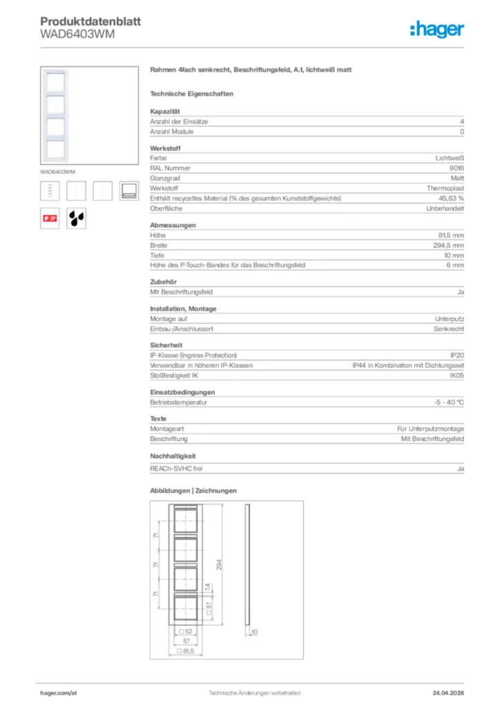 Bild Hager Produktdatenblatt WAD6403WM | Hager Deutschland