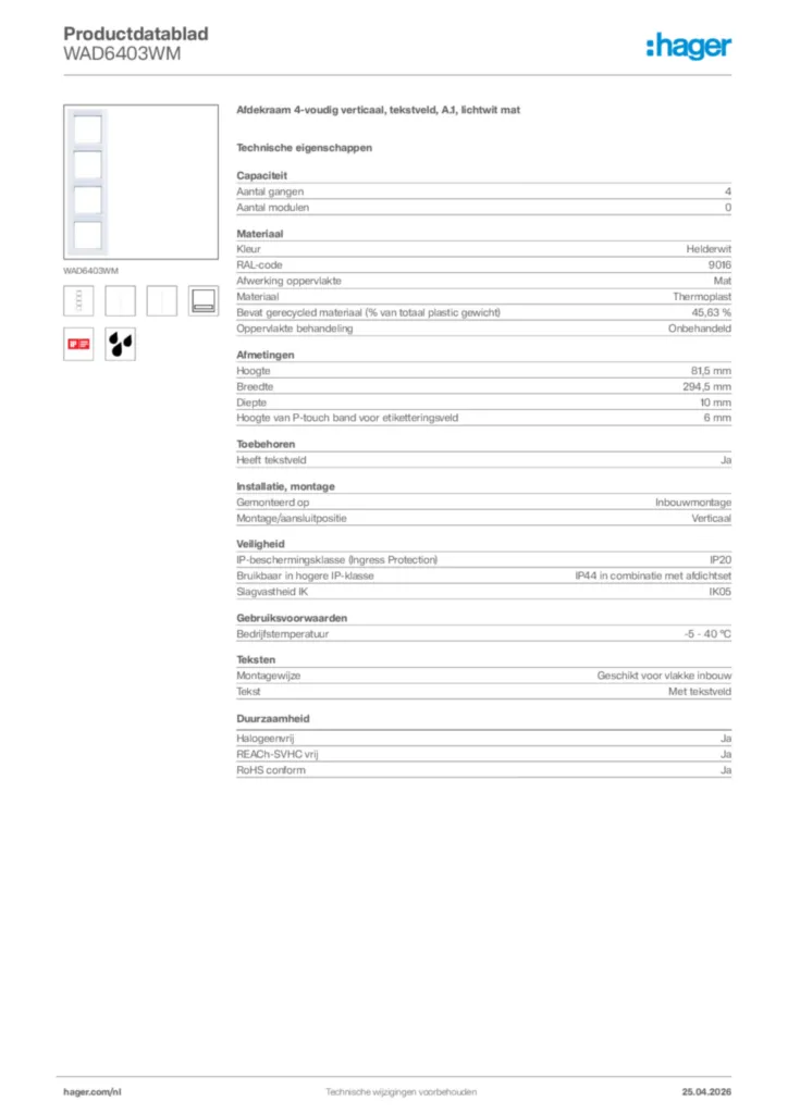 Afbeelding Hager Productdatablad WAD6403WM | Hager Nederland