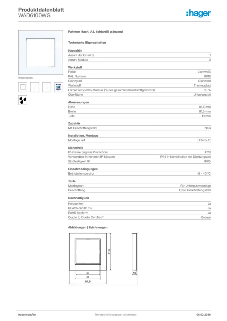 Bild Hager Produktdatenblatt WAD6100WG | Hager Deutschland