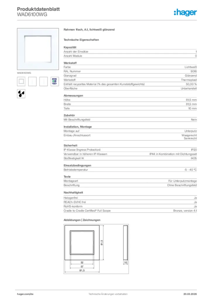 Bild Hager Produktdatenblatt WAD6100WG | Hager Deutschland