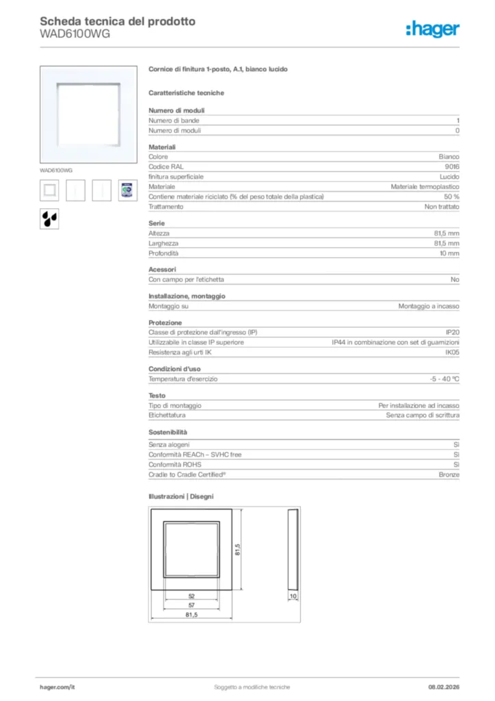 Immagine Hager Scheda tecnica del prodotto WAD6100WG | Hager Italia