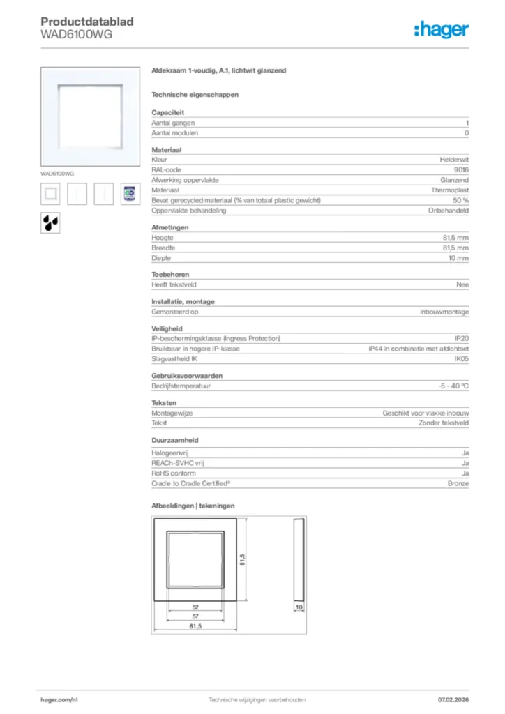 Afbeelding Hager Productdatablad WAD6100WG | Hager Nederland