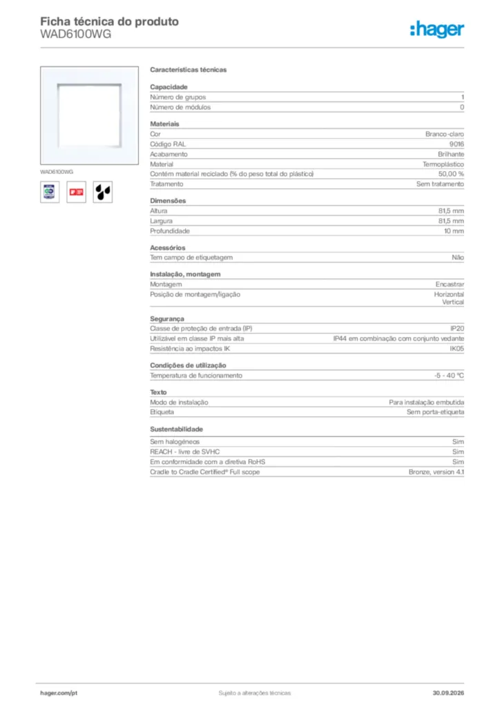 Imagem Hager Ficha técnica do produto WAD6100WG | Hager Portugal
