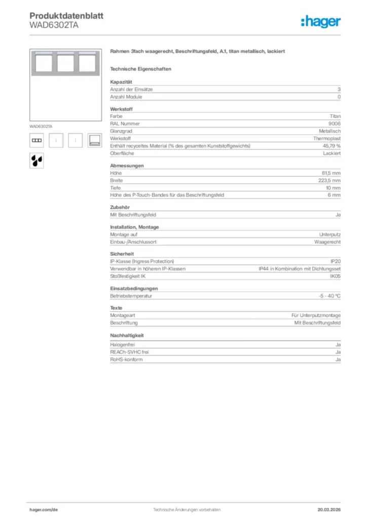 Bild Hager Produktdatenblatt WAD6302TA | Hager Deutschland