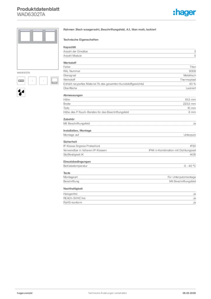 Bild Hager Produktdatenblatt WAD6302TA | Hager Deutschland
