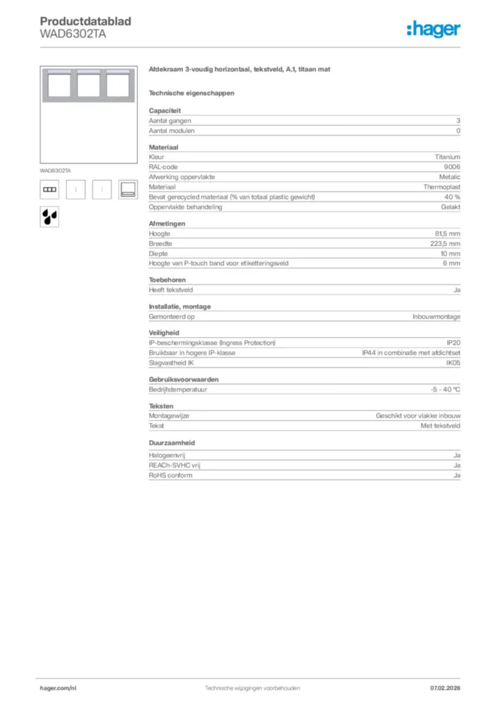 Afbeelding Hager Productdatablad WAD6302TA | Hager Nederland