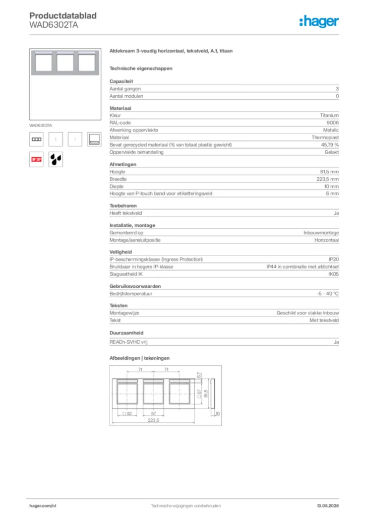 Afbeelding Hager Productdatablad WAD6302TA | Hager Nederland