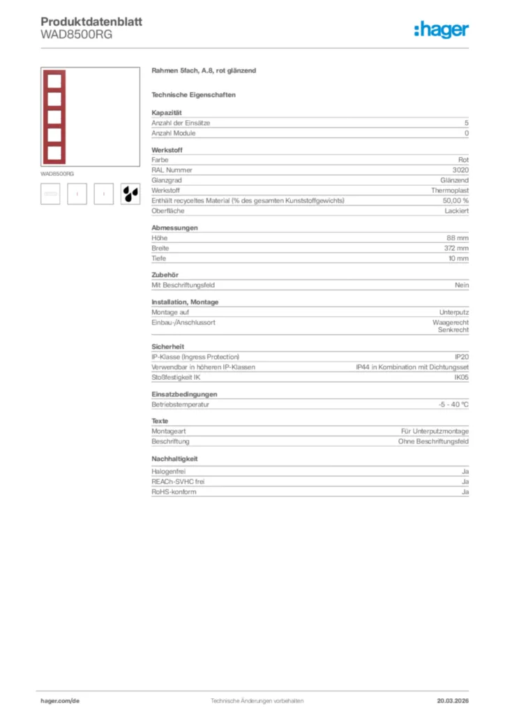 Bild Hager Produktdatenblatt WAD8500RG | Hager Deutschland