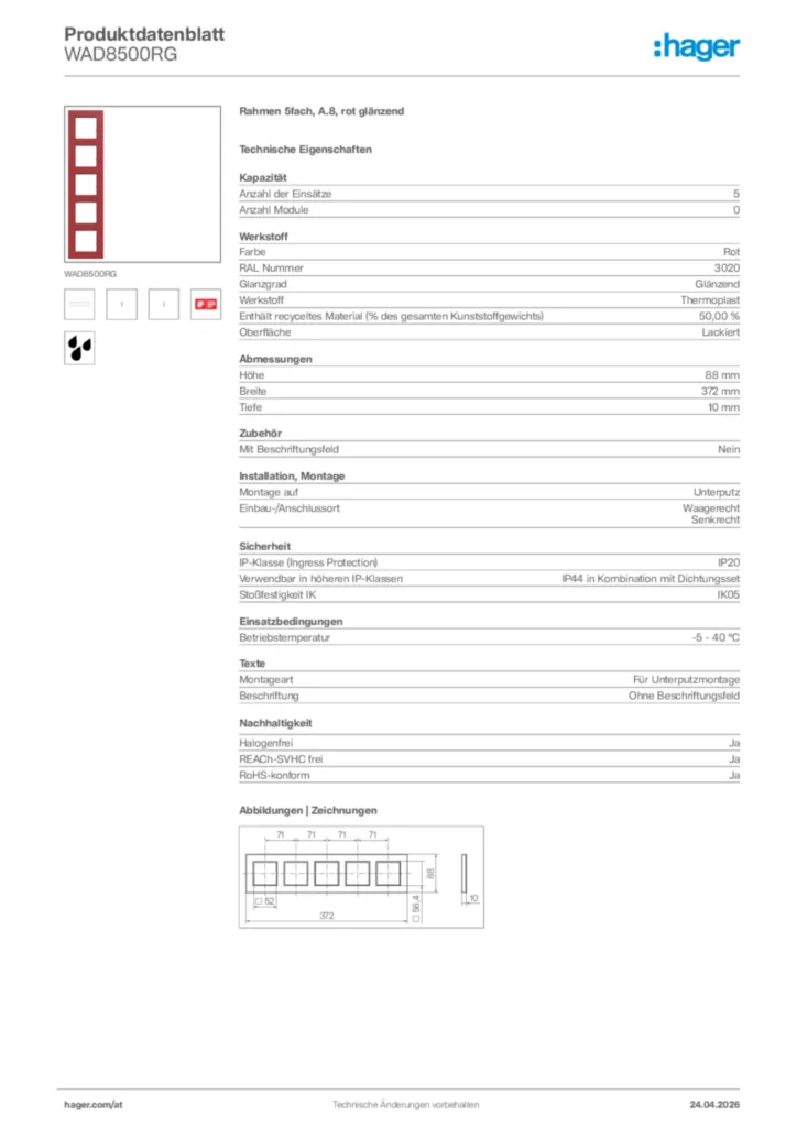 Bild Hager Produktdatenblatt WAD8500RG | Hager Deutschland