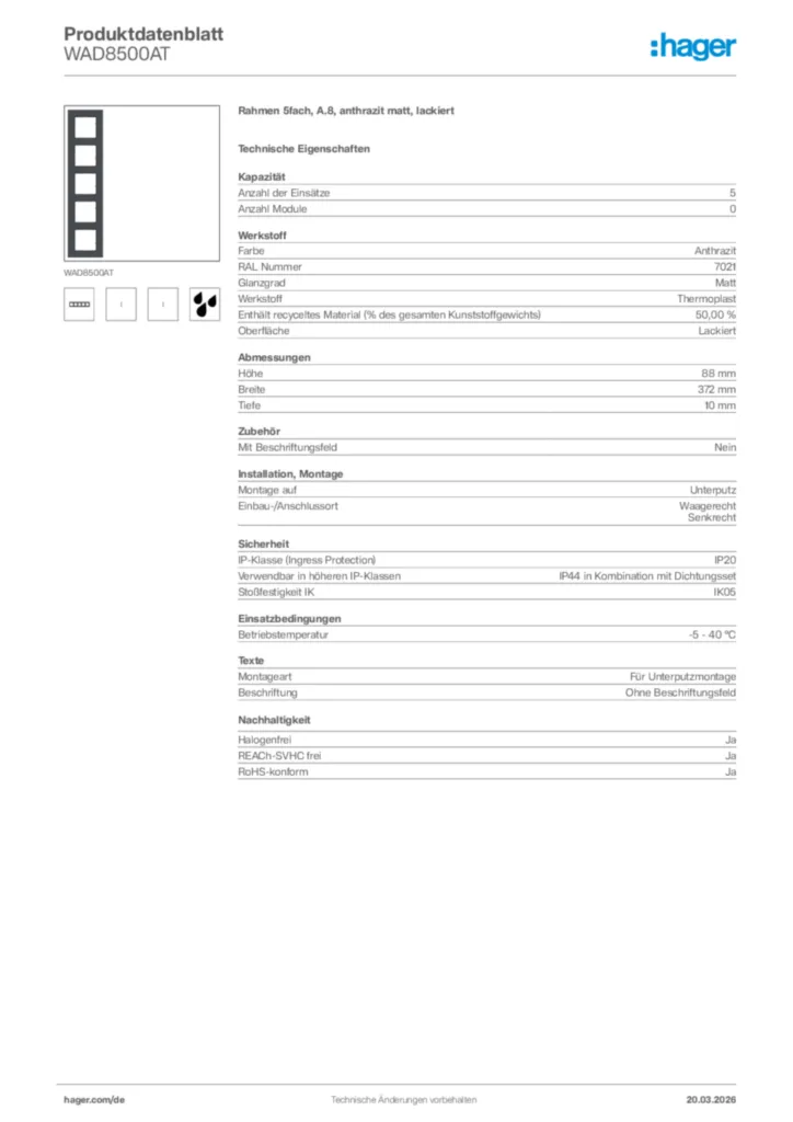 Bild Hager Produktdatenblatt WAD8500AT | Hager Deutschland