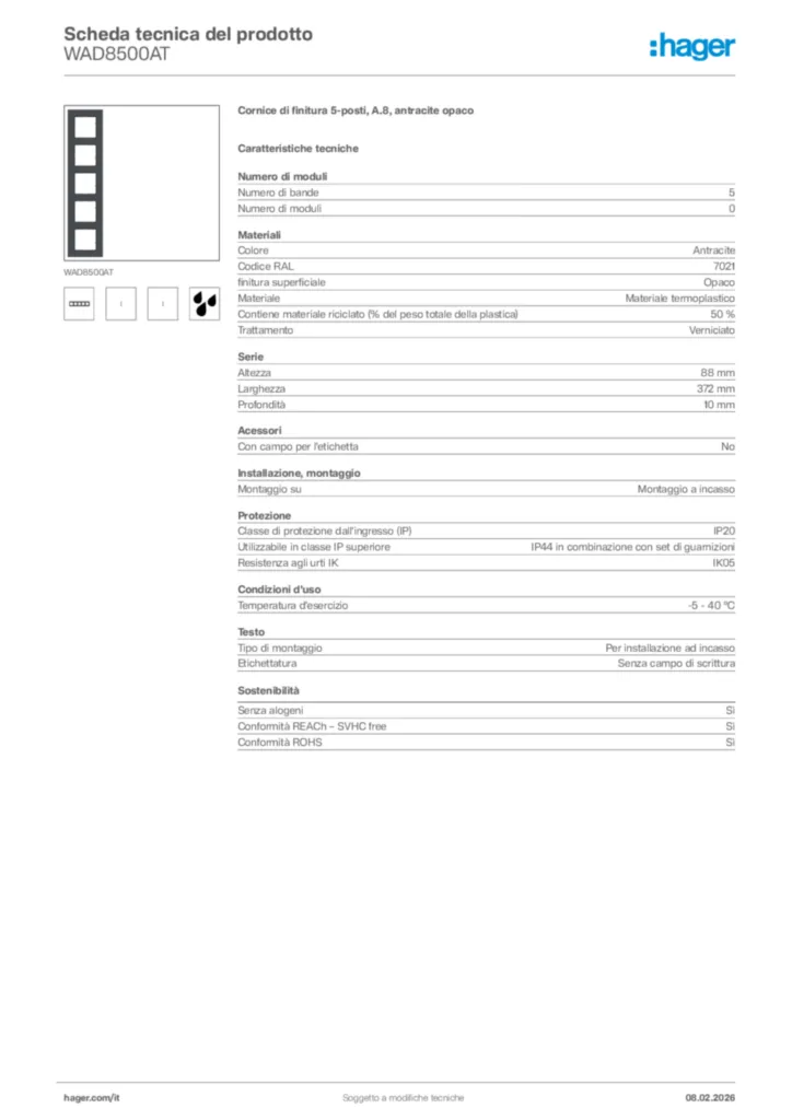 Immagine Hager Scheda tecnica del prodotto WAD8500AT | Hager Italia
