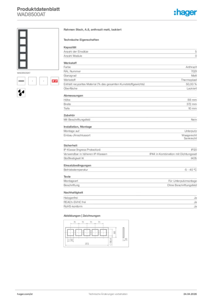 Bild Hager Produktdatenblatt WAD8500AT | Hager Deutschland