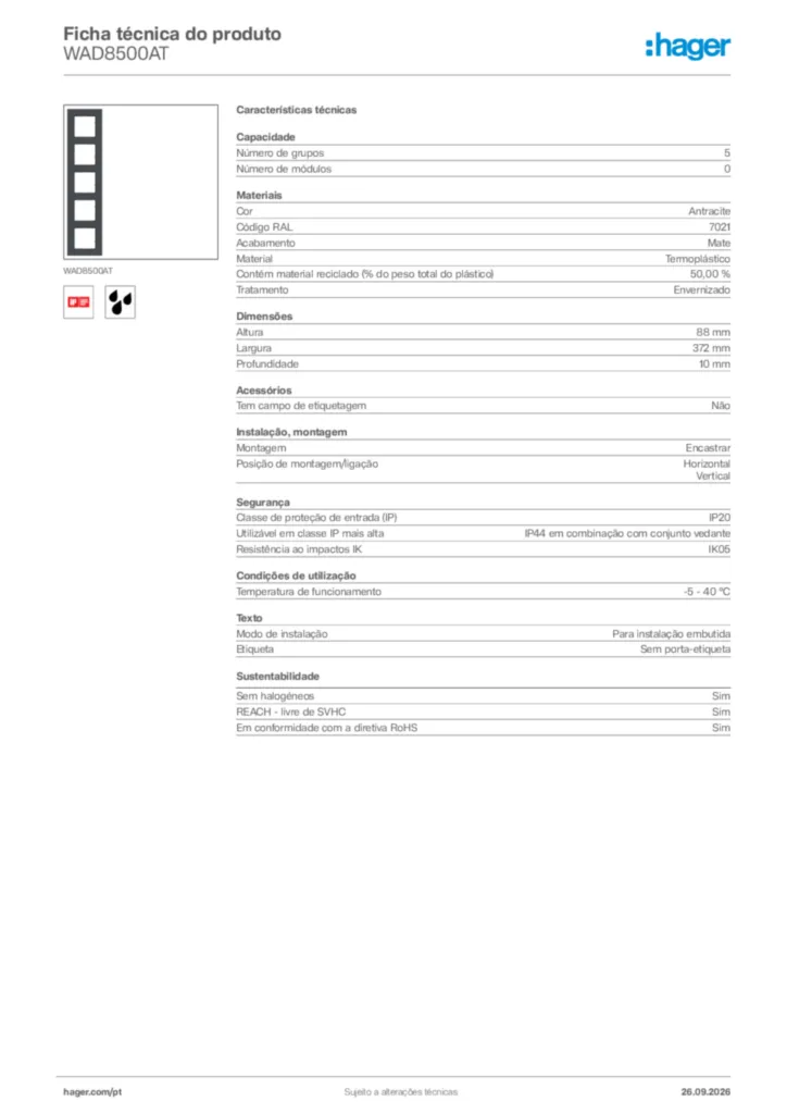 Imagem Hager Ficha técnica do produto WAD8500AT | Hager Portugal