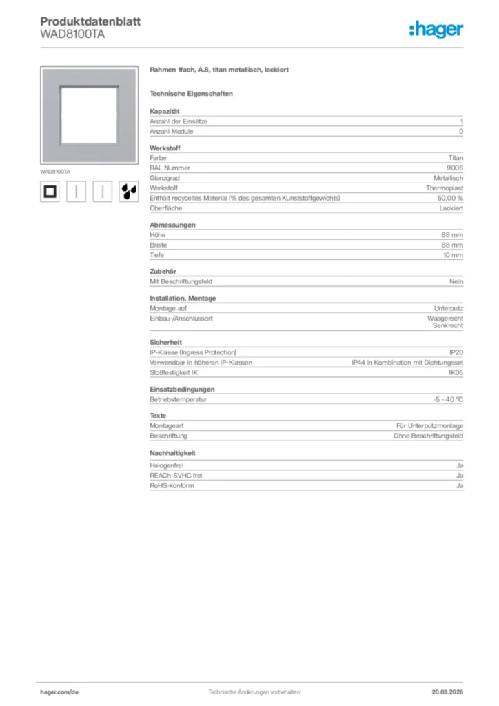 Bild Hager Produktdatenblatt WAD8100TA | Hager Deutschland