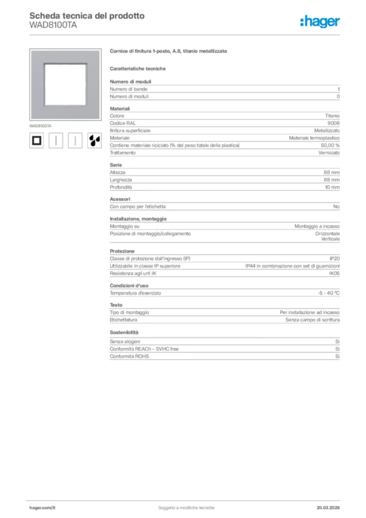 Immagine Hager Scheda tecnica del prodotto WAD8100TA | Hager Italia