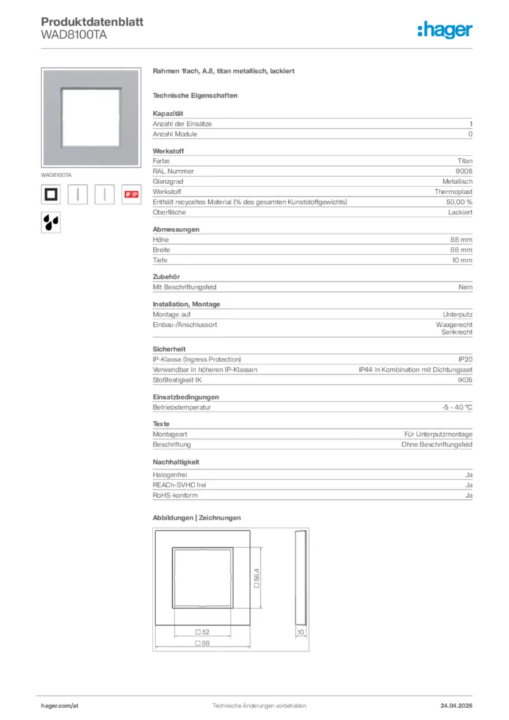 Bild Hager Produktdatenblatt WAD8100TA | Hager Deutschland