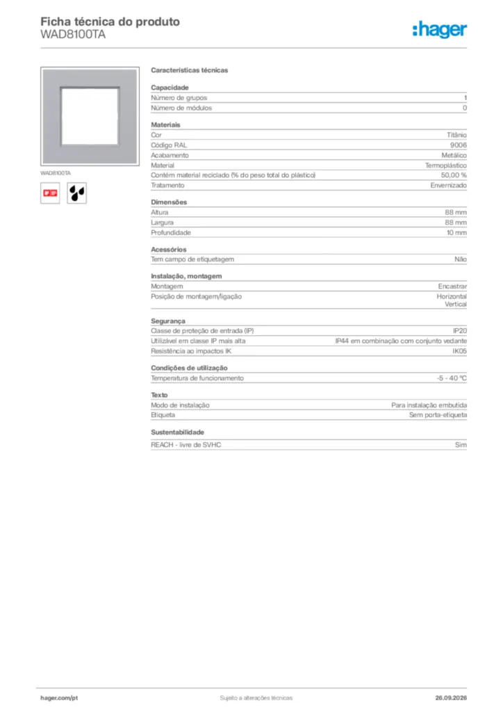Imagem Hager Ficha técnica do produto WAD8100TA | Hager Portugal