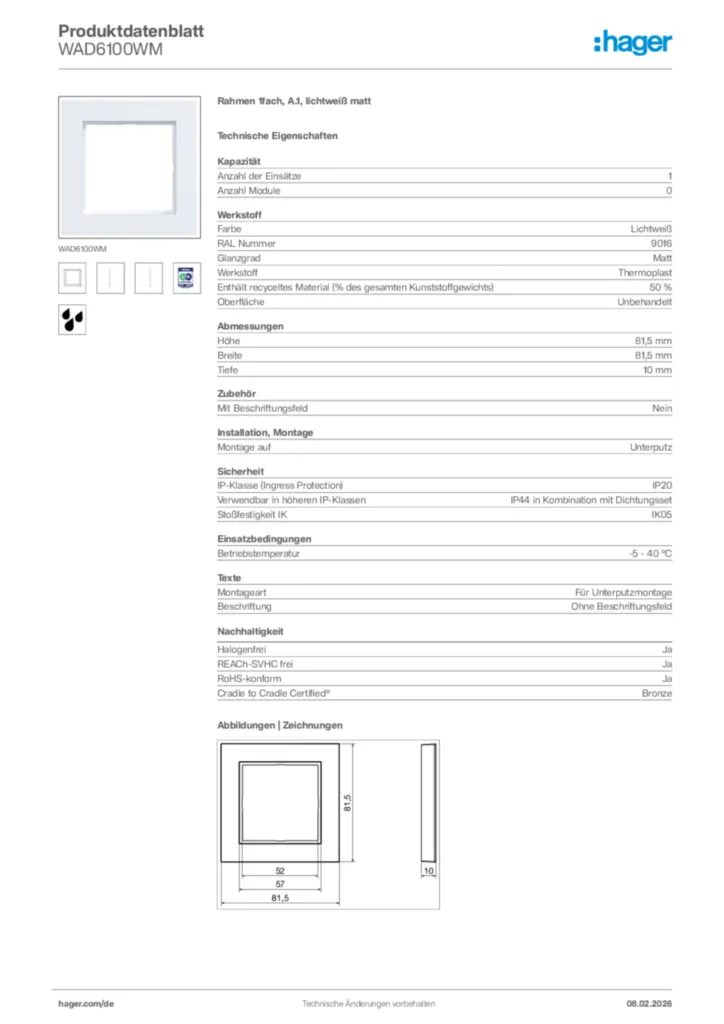 Bild Hager Produktdatenblatt WAD6100WM | Hager Deutschland