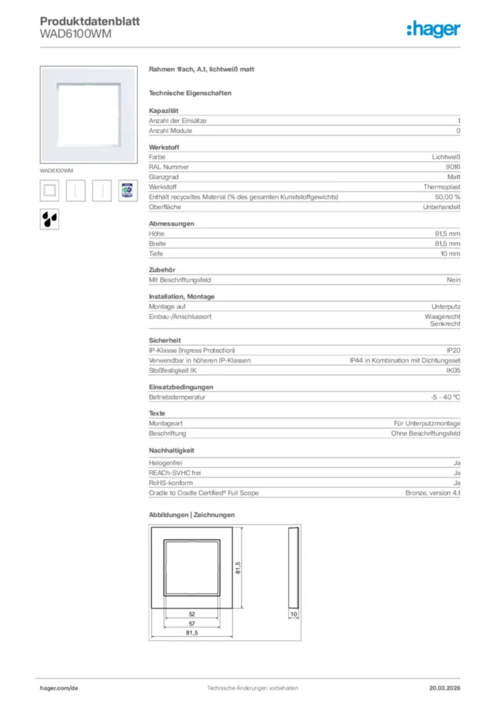 Bild Hager Produktdatenblatt WAD6100WM | Hager Deutschland