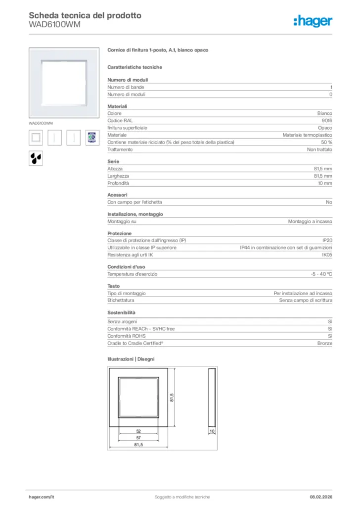 Immagine Hager Scheda tecnica del prodotto WAD6100WM | Hager Italia