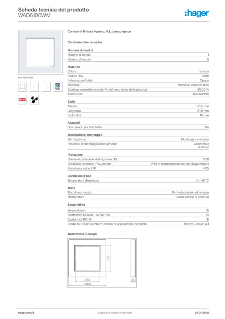 Immagine Hager Scheda tecnica del prodotto WAD6100WM | Hager Italia