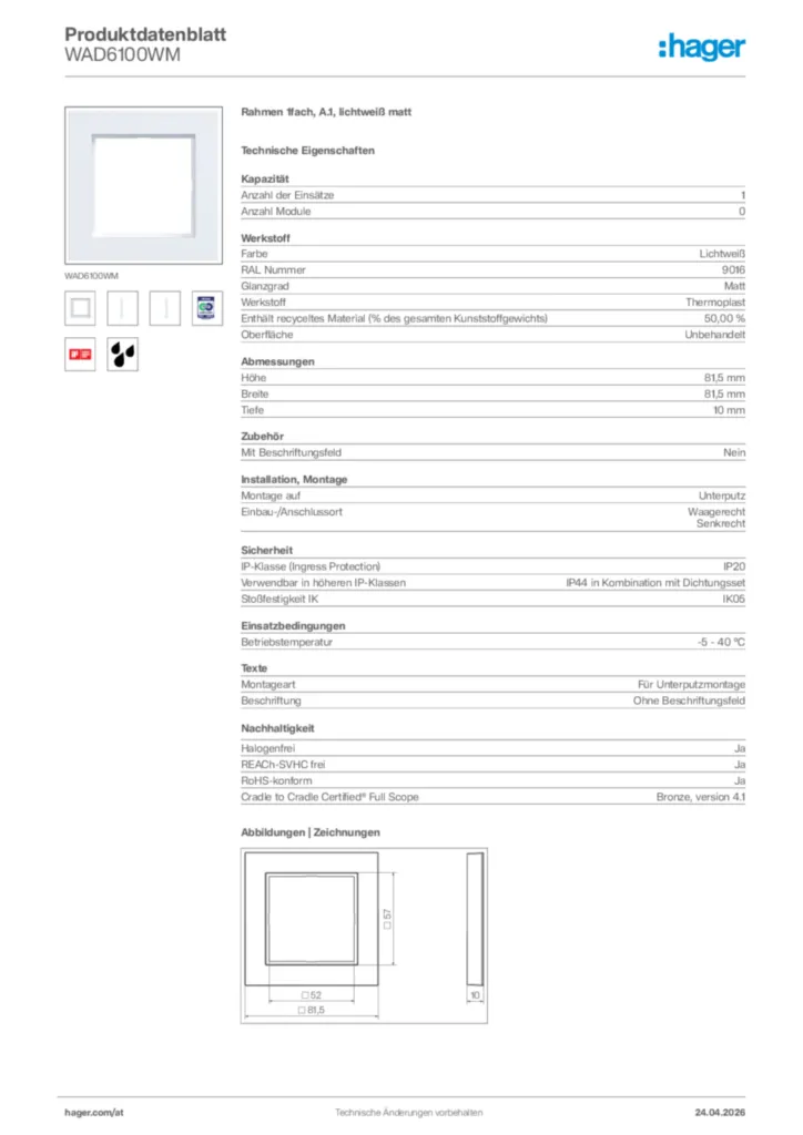 Bild Hager Produktdatenblatt WAD6100WM | Hager Deutschland