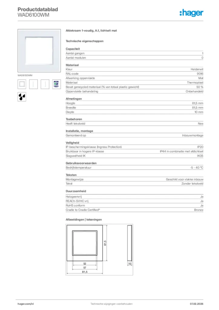 Afbeelding Hager Productdatablad WAD6100WM | Hager Nederland