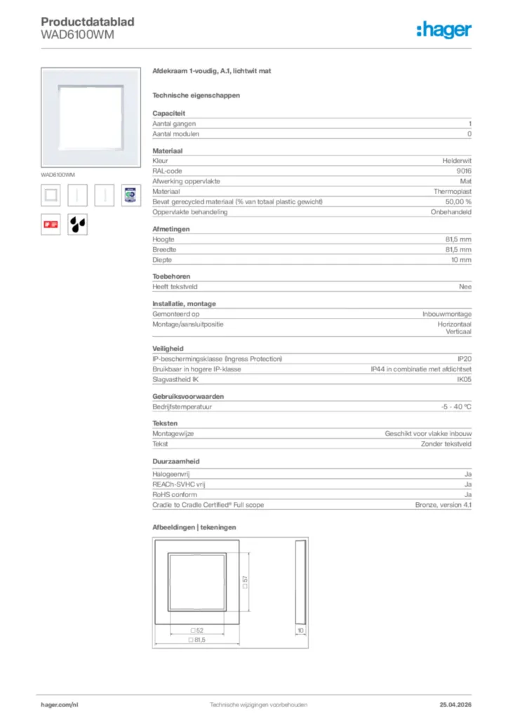 Afbeelding Hager Productdatablad WAD6100WM | Hager Nederland