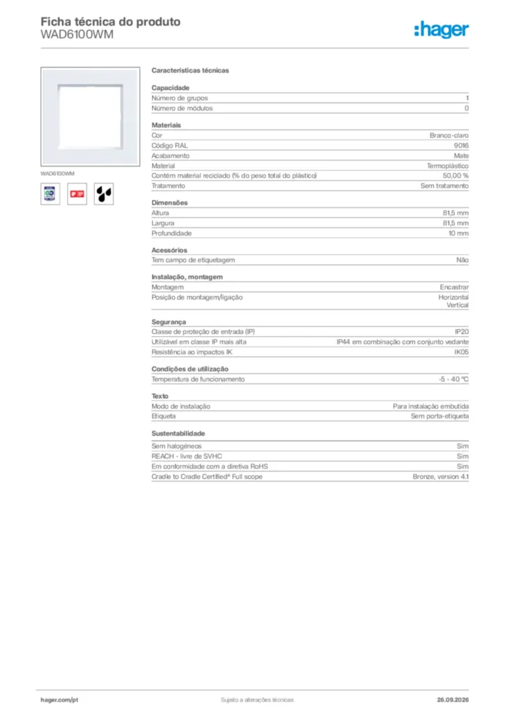 Imagem Hager Ficha técnica do produto WAD6100WM | Hager Portugal