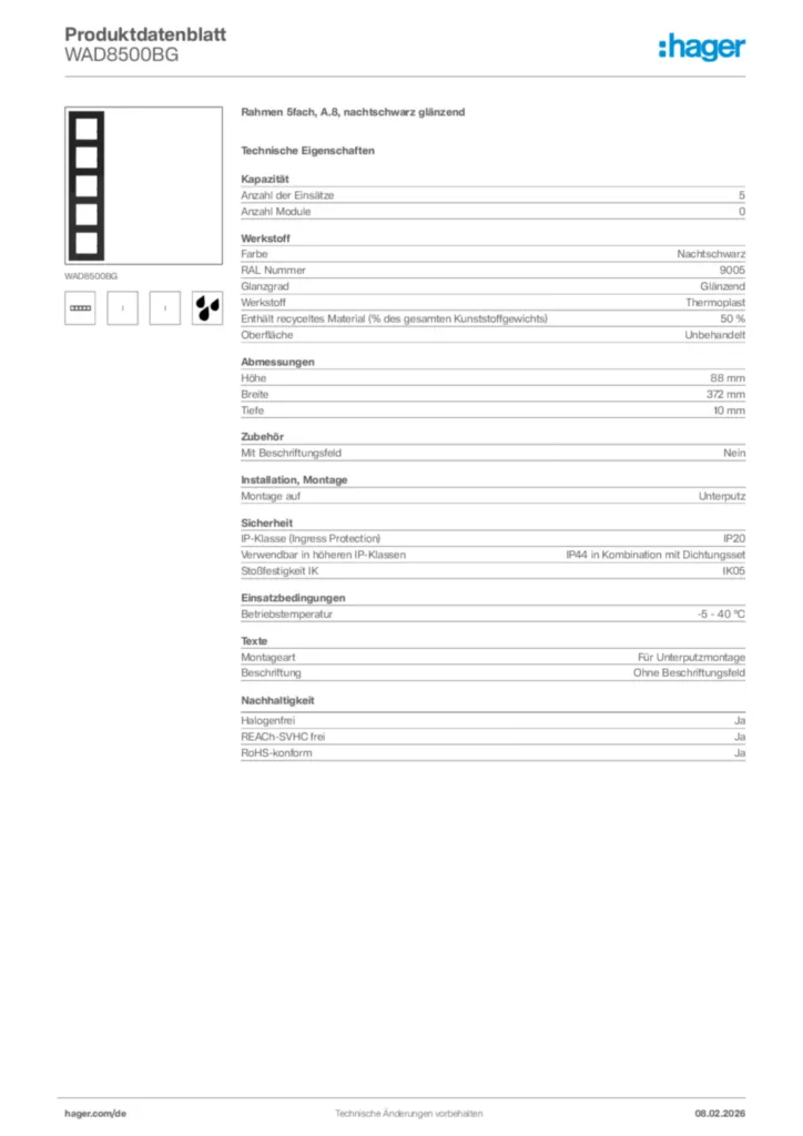 Bild Hager Produktdatenblatt WAD8500BG | Hager Deutschland